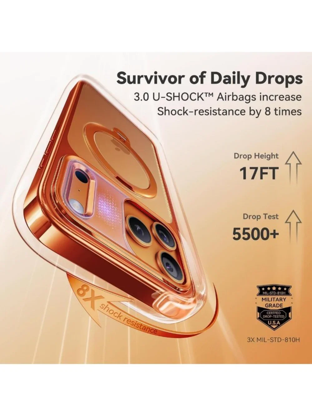 Glossy Orange 360° Spin Magnetic Stand Case for iPhone 17 Pro Max - Stylish